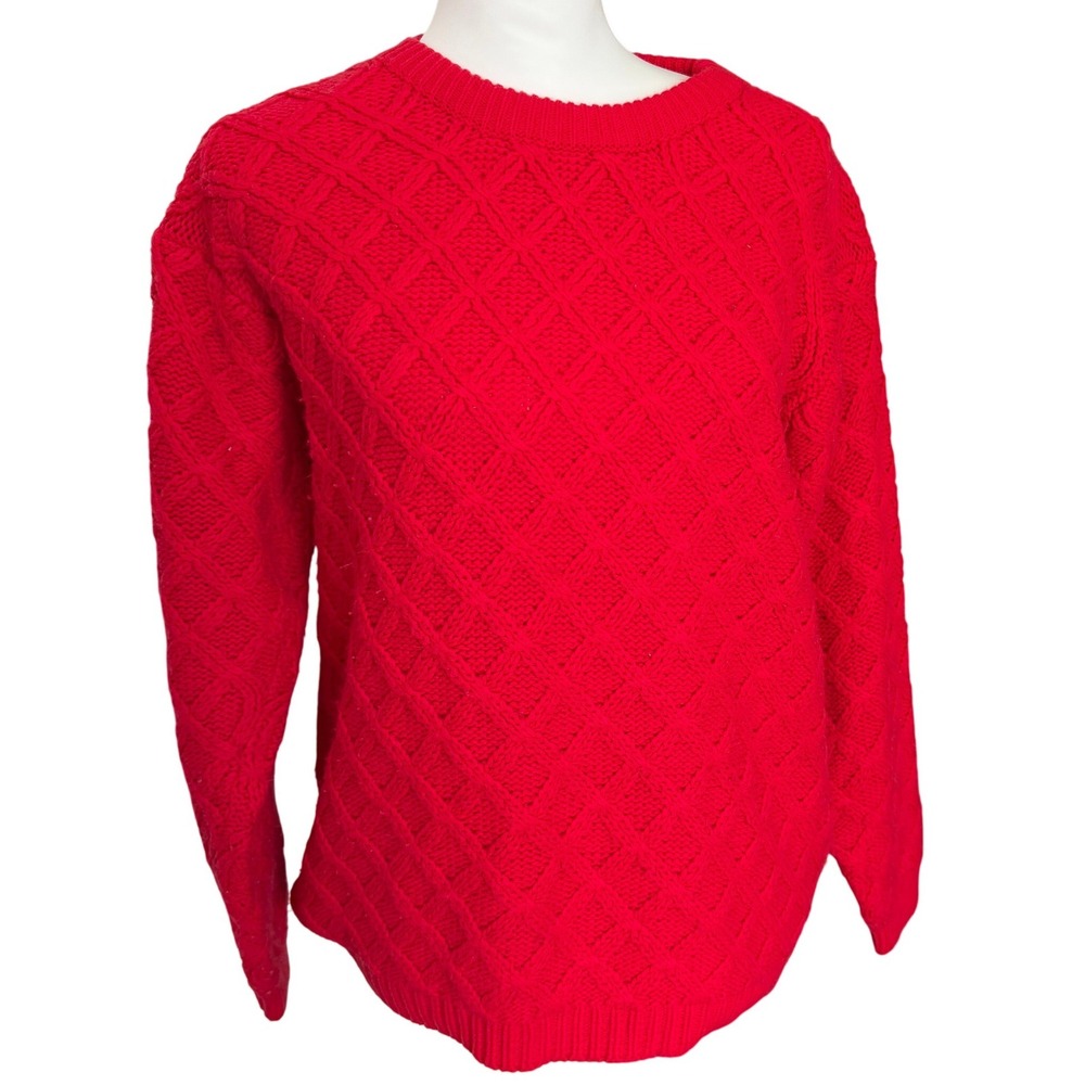 Vintage‎ Checkmate Red Diamond 3D Cable Knit Sweater M Preppy Eclectic Grandpa